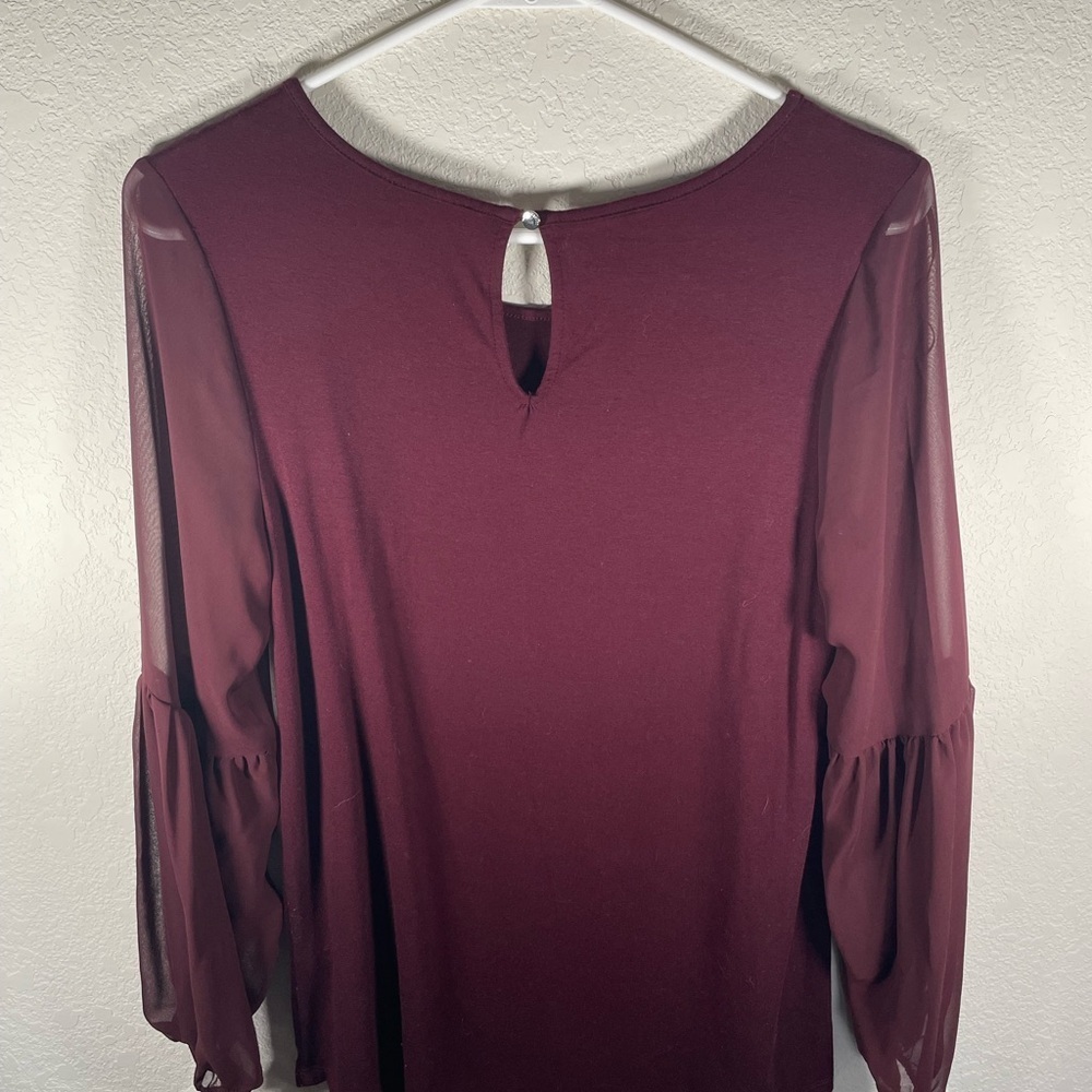 Vince Camuto Burgundy Blouse with Sheer Bell Sleeves and Key Hole - Picture 5 of 7